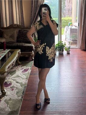 Tibi Black Mini Dress with Gold Floral Appliqué